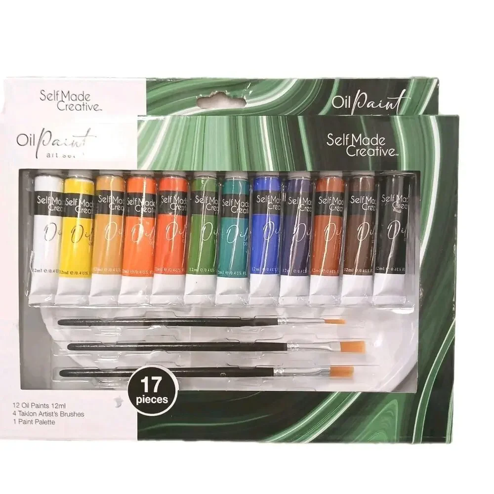 17 Pc Oil Paint Art Set w 4 Taklon Paint Brushes + Art Palette Value Professiona